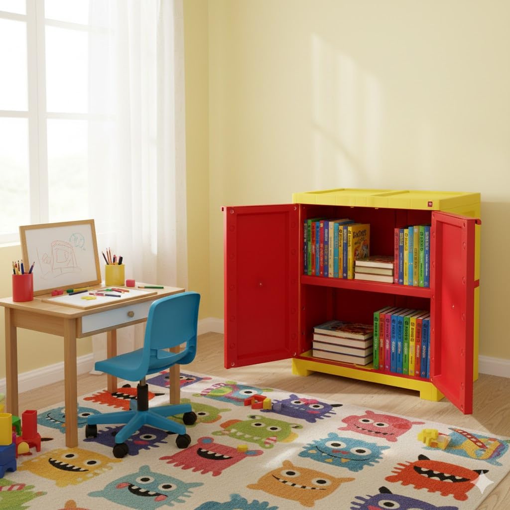 Cello Novelty Compact Bookshelf, Red & Yellow | 2 Dustproof Doors | Space Saving Cupboard | Plastic Book Shelf | Multipurpose Book Shelf for Home, Office | Book Organizer for Library-image-42
