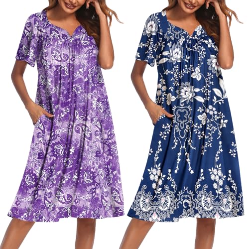 Image of Ekouaer 2 Pack House Dresses for Women with Pockets Short Sleeve Moo Moos Floral Print Mumu Dresses