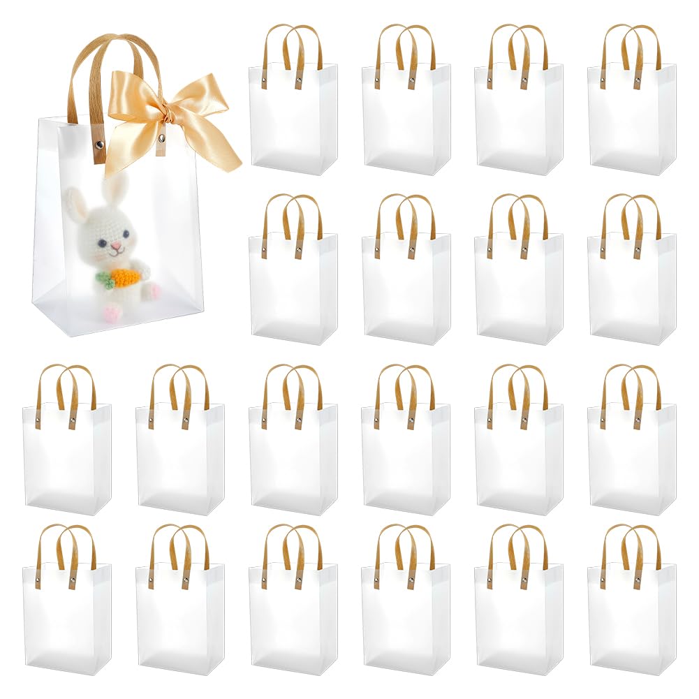 BENECREAT 24 Pcs Clear Gift Bags with Handles, 20x15x10cm/7.9x5.9x3.9 Inch Plastic Gift Wrap Handbags with Bisque Ribbon, Party Favor Bags for Wedding Shopping Birthdays Christmas DIY