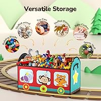 Vista 8 de YOHOOLYO Toy Storage Organizer for Kids, 28.3x12.6x17.3 Large Sturdy Flip-Top Toy Box with Fabric Lid & Handles, Cute Train Design Toy Chest Bin Box