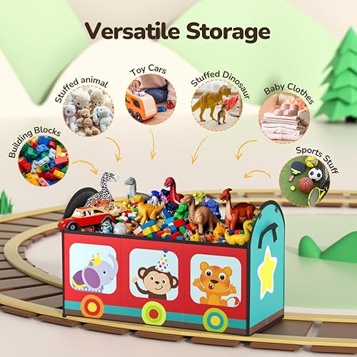 Miniatura 8 de YOHOOLYO Organizador de almacenamiento de juguetes para niños, caja de juguetes grande y resistente con tapa de tela y asas, bonito diseño de tren