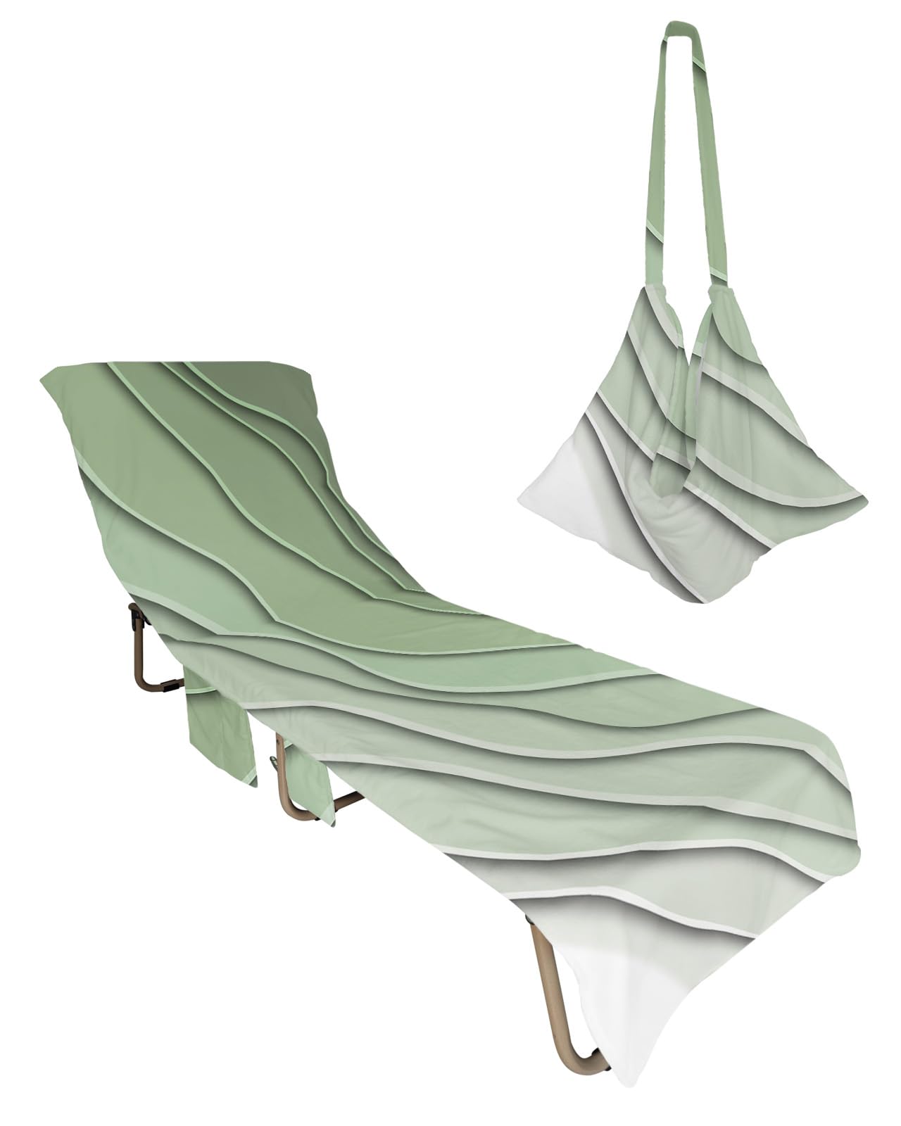 Geometric Sage Green Beach Chair Towel Covers for Chaise Lounge with Side Pocket, Soft Plush Pool Towels Cover for Patio Sunbathing Outdoor 29''x85'' Gradient Contemporary Stripes