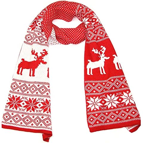Red Christmas Scarf Women and Men - Xmas Scarfs with Fairisle, Snowflake and Reindeer Design - Warm Long Knitted Winter Scarves for Gents and Ladies - Gift For Him or Her This Christmas Cover