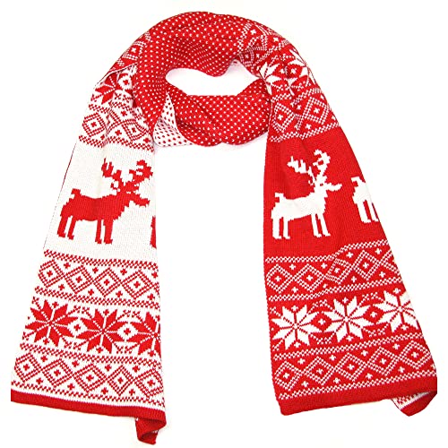 LOVARZI Christmas Scarf for Women and Men - Red & White Winter Festive Knitted Scarf - Reindeer Snowflake Scarves Presents for Ladies - Xmas Gifts