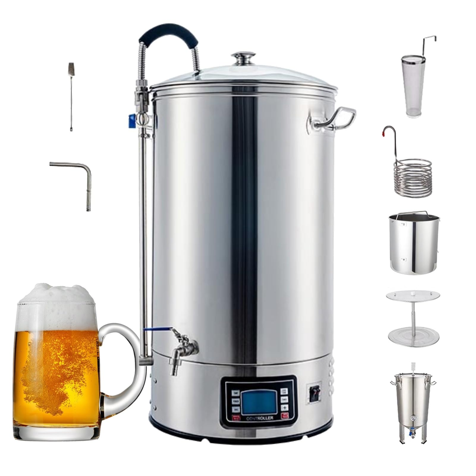 Hervidor de cerveza todo en uno de 40 L con control LCD y Turbo Chill - Sistema eléctrico de elaboración de cerveza de 10,5 galones for elaboración casera | Enfriamiento del mosto en 20 minutos, contr