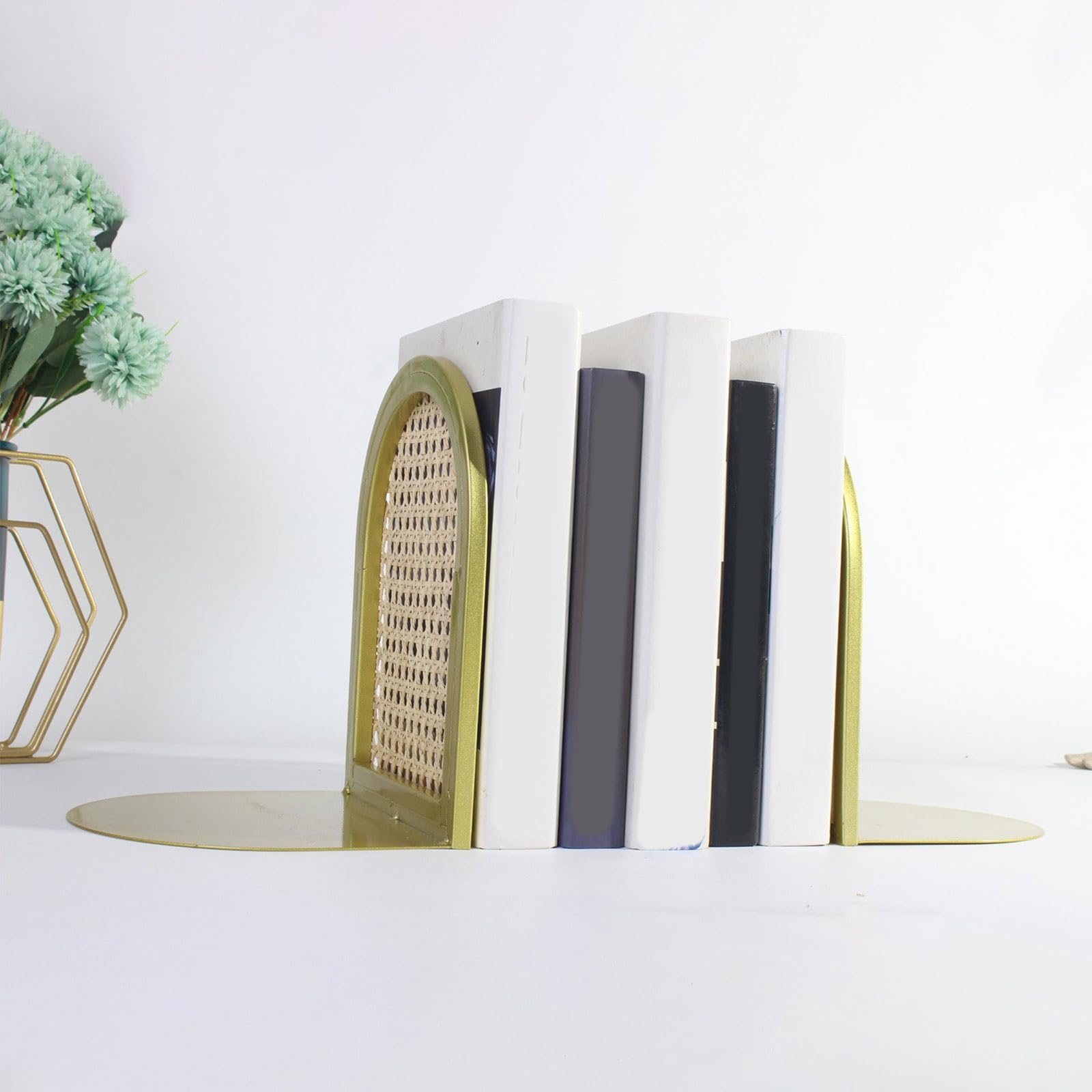 Fermalibri ad arco in rattan in metallo, semplici fermalibri da scrivania, organizer per libri e riviste