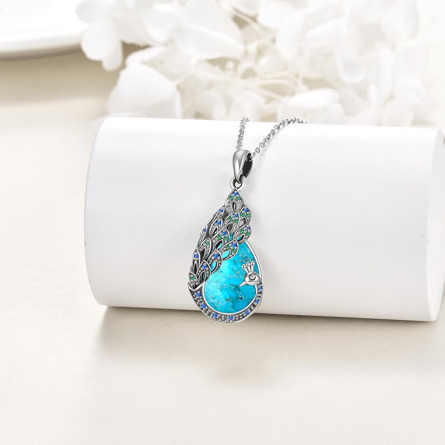 Sterling Silver Blue Opal Turquoise Peacock Pendant Necklace - Peacock Jewelry Gifts for Women - Image 3