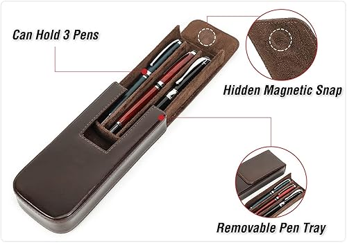 Miniatura 6 de Top Grain - Funda de piel auténtica para 3 bolígrafos estilográficoslápiz, diseño sólido de moda, hecho a mano, cierre magnético con diseño de