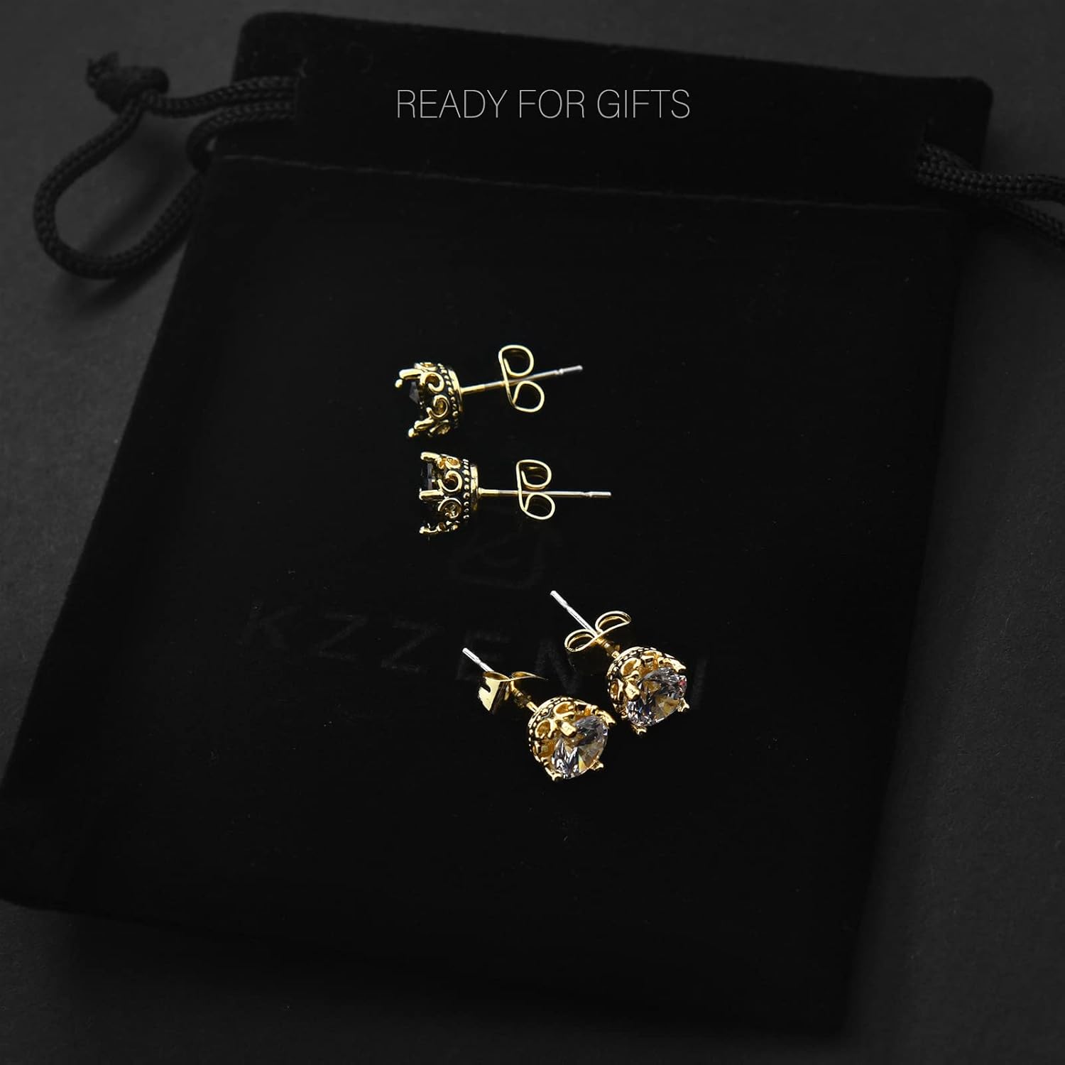 Black and Gold Earrings for Men Women, Retro Crown Hypoallergenic Stainless Steel Cubic Zircon Stud Earrings