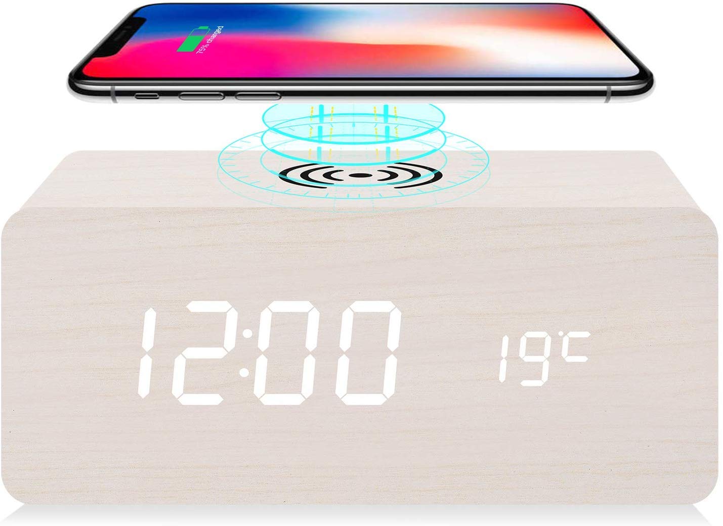 Reloj despertador digital inalámbrico de madera con luz LED para mesa, escritorio o mesita de noche, modo de sueño, fecha, Celsius/Fahrenheit, 12/24 horas, 3 alarmas, control de sonido, brillo