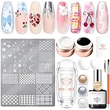 Modelones 16PCS Plaid Nail Stamping Kit – French Tip Stamper White Black Painting Gel Polish Chrome Powder Proof Matte Gel Top Coat Gingham Template Dual Nail Art Brush Spring Manicure Gift for Women