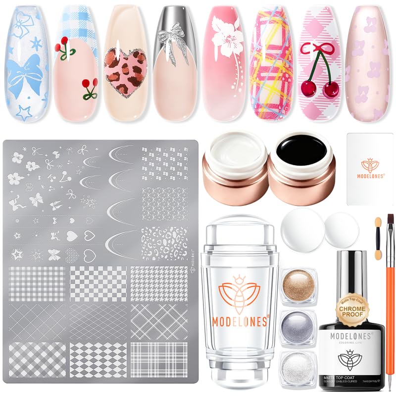 Modelones 16PCS Plaid Nail Stamping Kit French Tip Stamper White Black Painting Gel Polish Chrome Powder Proof Matte Gel Top Coat Gingham Template Dual Nail Art Brush Summer Manicure Gift for Women