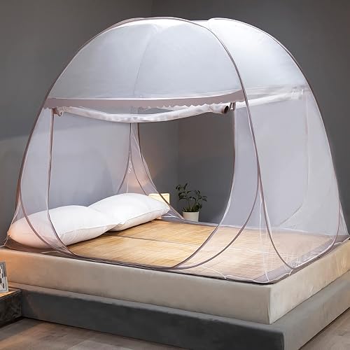 Mosquito Net for Bed, Folded Size 12 inch Portable Camping Travel Mosquito Net, Pop Up Mosquito Tent with Double Entry for King Queen Size Bed (Brown, 71"x79"x59")