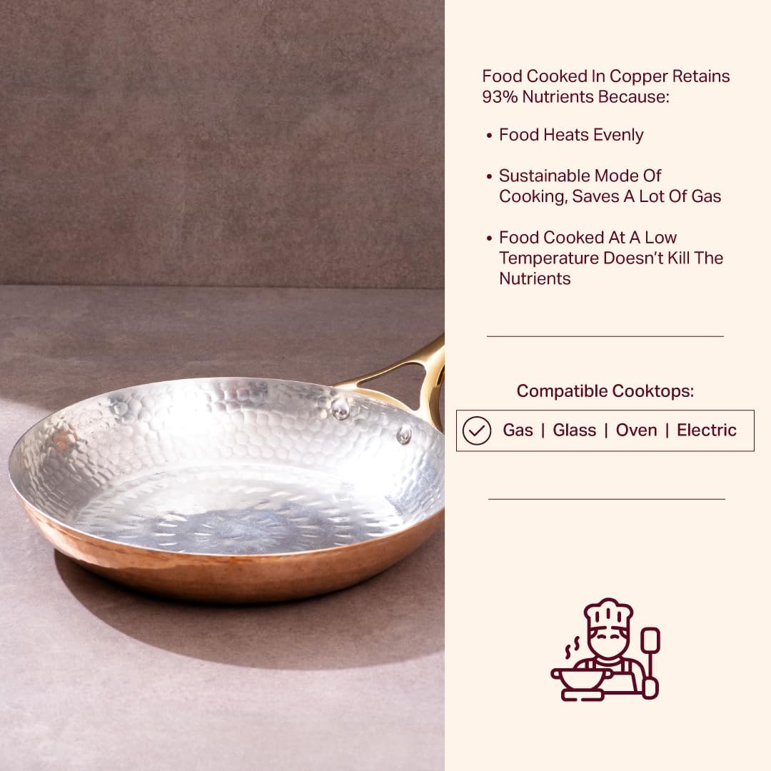 P-TAL 10.5" Copper Curved Fry Pan with Brass Lid | 100% Pure Copper, Golden Hammered Finish
