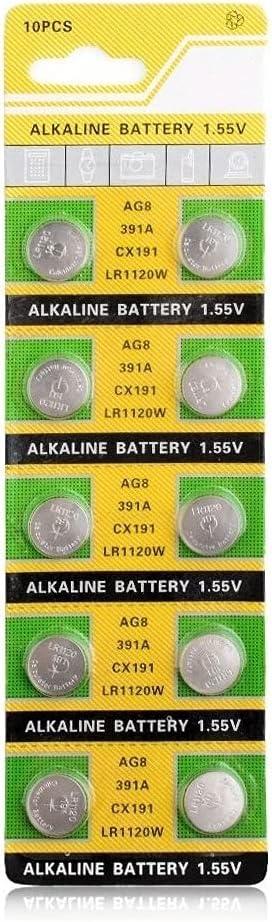 Cotchear 10 pcs AG8 Alkaline 1.5V Button Cell Battery Single Use LR1120 LR57 SR55 LR55 CX191 G8 for Watch Toys Remotes Cameras [10 pcs-Pack]