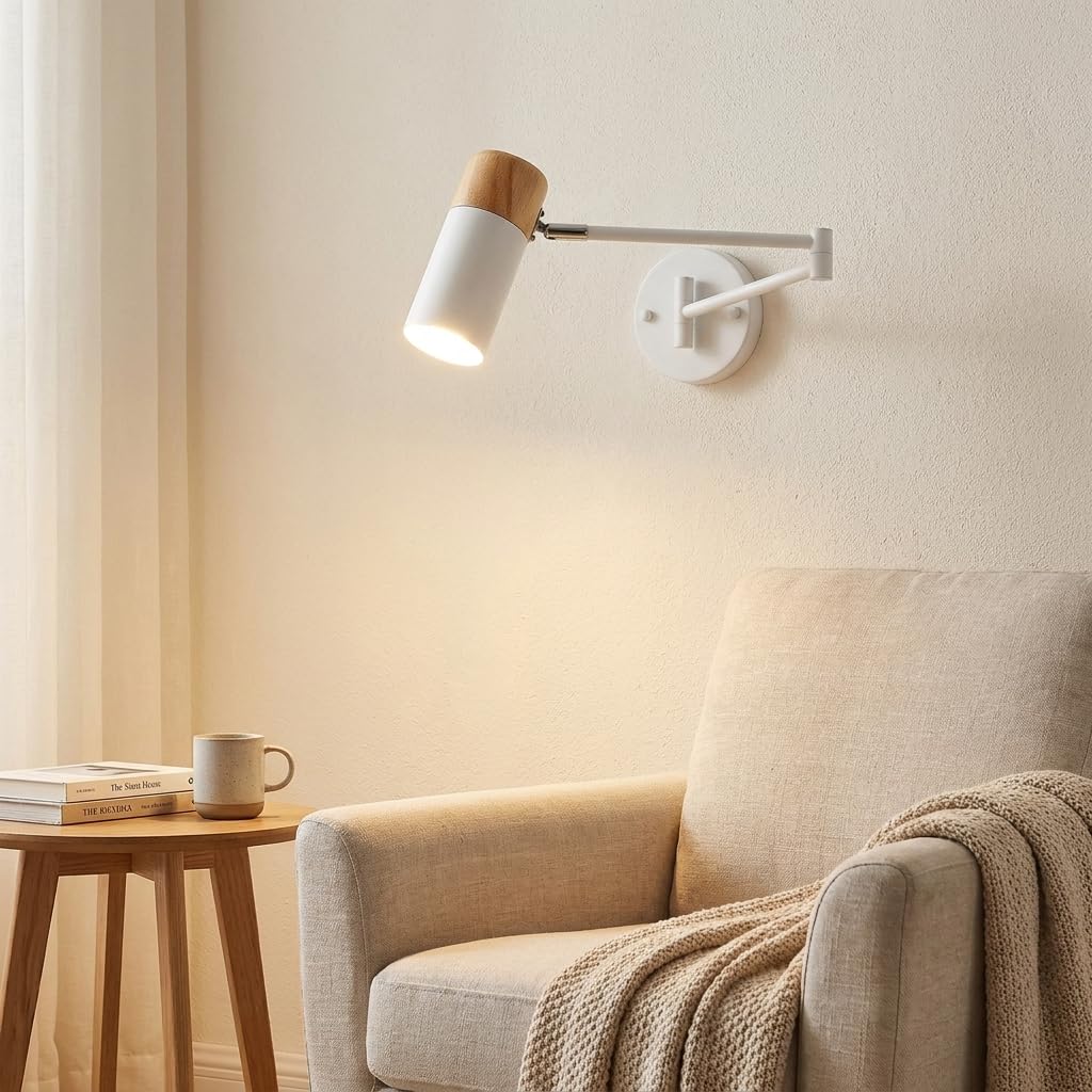BARCELONA LED Applique Murale Extensible LOGAN Bois et Métal Blanc Style Nordique Moderne Vintage Industriel Bras Articulé Tête Rotative 360° Douille E27 G45 Lampe de Lecture Chambre Salon Intérieur