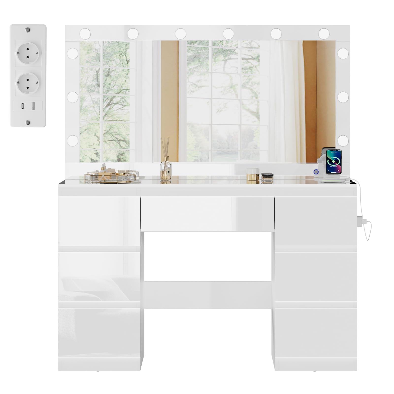 TRIUMPHKEY Coiffeuse Blanc Haute Brillance avec Grande Miroir et Multiprise, 12 Ampoules LED Réglables, Table de Maquillage avec 7 Tiroirs, Rangement de Bijoux, 120x40x140cm Grande Commode Moderne