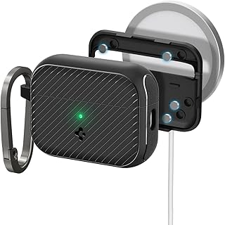 Spigen Mag Armor (Mag Fit) Designed for AirPods Pro 2nd Generation Case 2022/2023 (USB-C/Lightening Cable) MagSafe Compatible Case Cover with Keychain (Magnets Embedded) - Matte Black