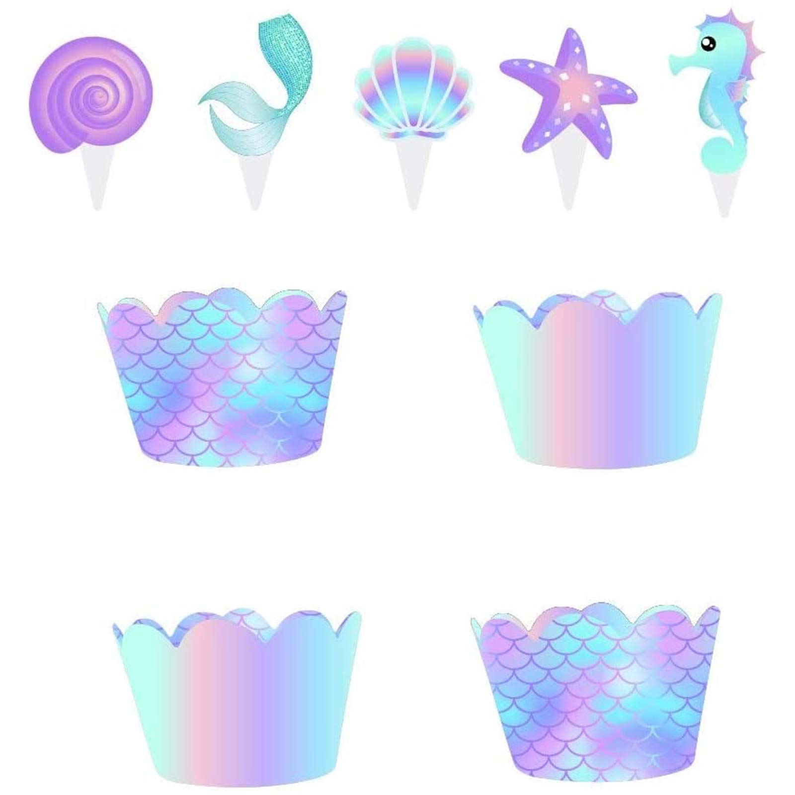 Mermaid Cupcake Toppers Mermaid Tail Cupcake Toppers Set Mermaid Cupcake Wrappers Mermaid Seahorse Toppers 50 Pieces Mermaid Cake Topper Birthday Cake Decoration for Baby Shower Birthday Party