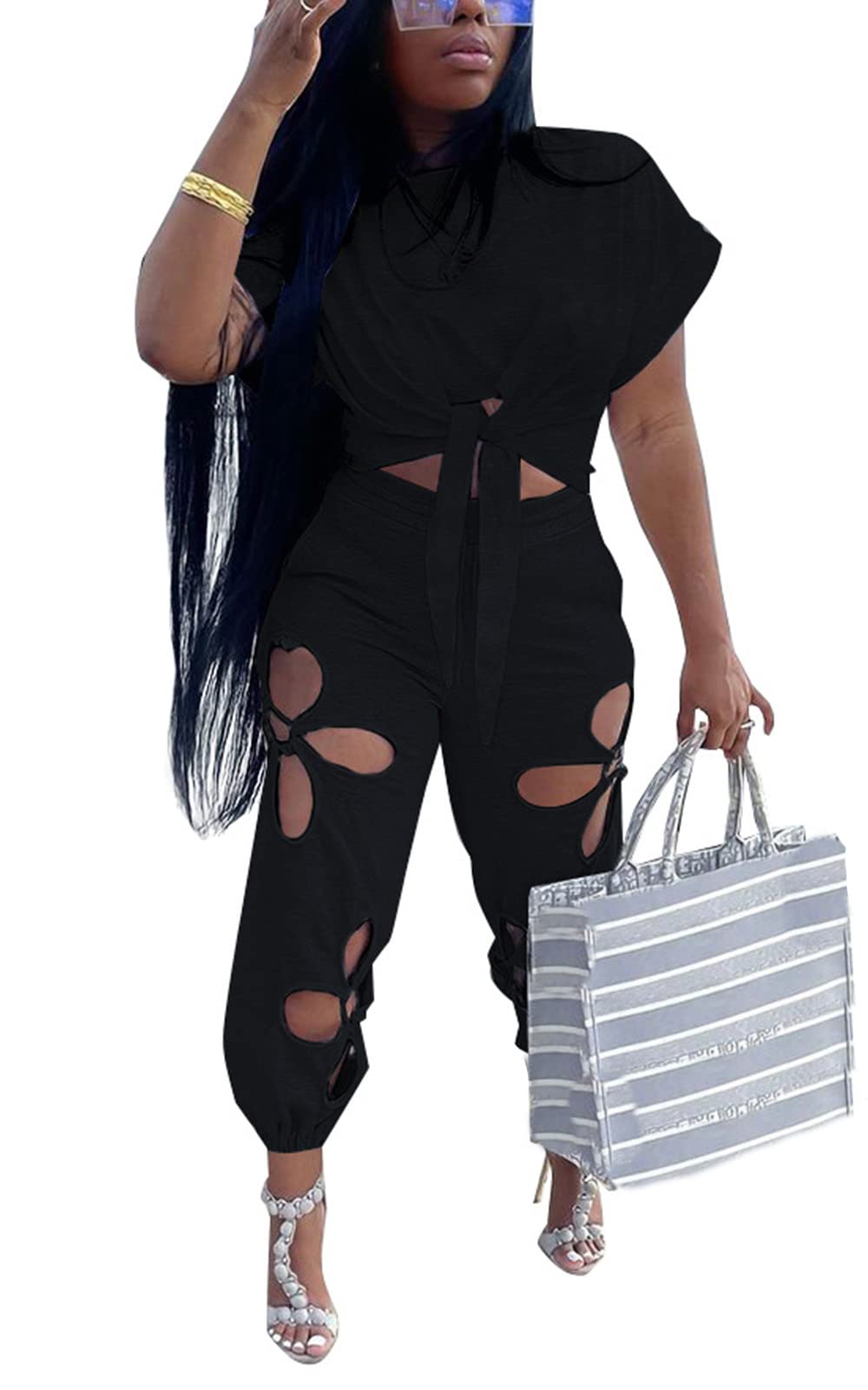 KEYUFANG Trajes de verano para mujer, 2 piezas, casual, manga corta, nudo, parte superior, con flores, ahuecado, chándal