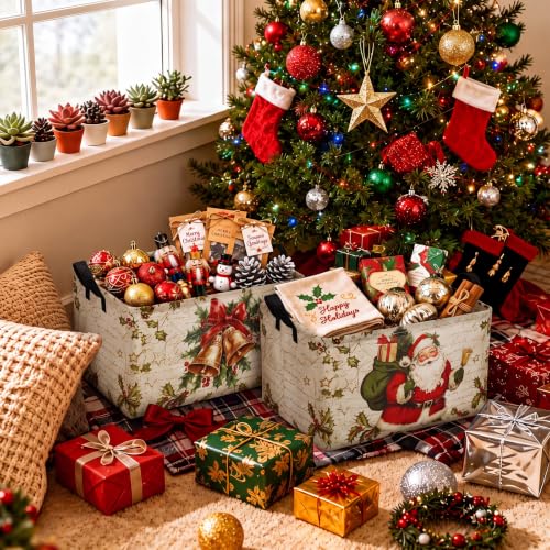 Image of Chunful 4 Pack Christmas Storage Baskets for Gifts Collapsible Christmas Santa Claus Reindeer Retro Farmhouse Laundry Storage Bins Foldable Box with Handles for Home Bedroom Office Clothes Containers