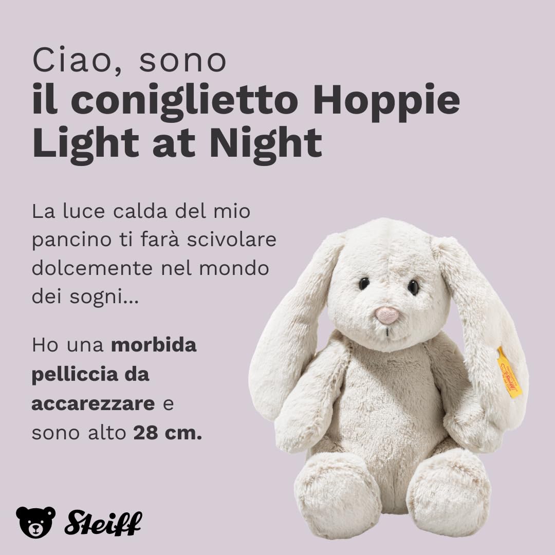 Steiff Peluche Coniglio Hoppie con luce notturna, dolce animale di stoffa, occhi in plastica, bambini e bambine, Friends, 28 cm, grigio chiaro, 081026