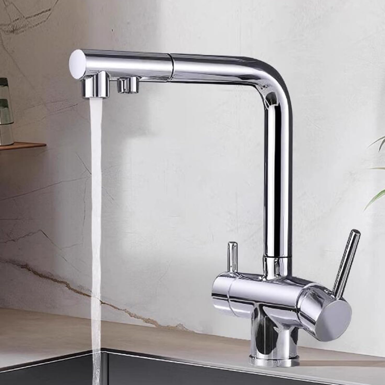 ZQFHSX Pull Out Kitchen Mixer Tap - Brass Swivel Design with 2 Handles Finish