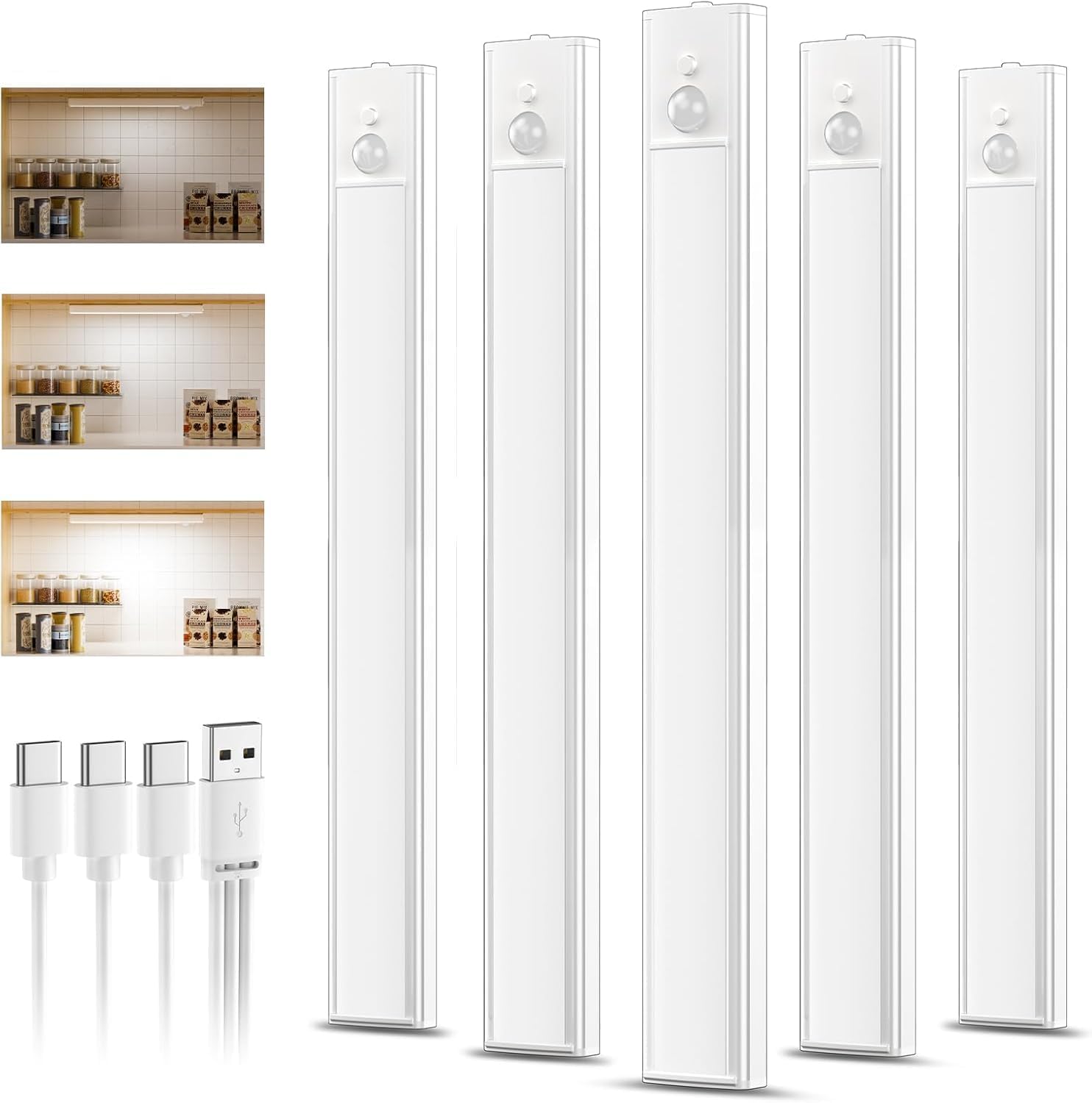 Netupett 5-Pack 30cm Rechargeable Under Cabinet Warm White LED Lights, Dimmable Motion Sensor Lighting with Type-C Charging, Magnetic Wireless Lights for Kitchen, Wardrobe | Stairs