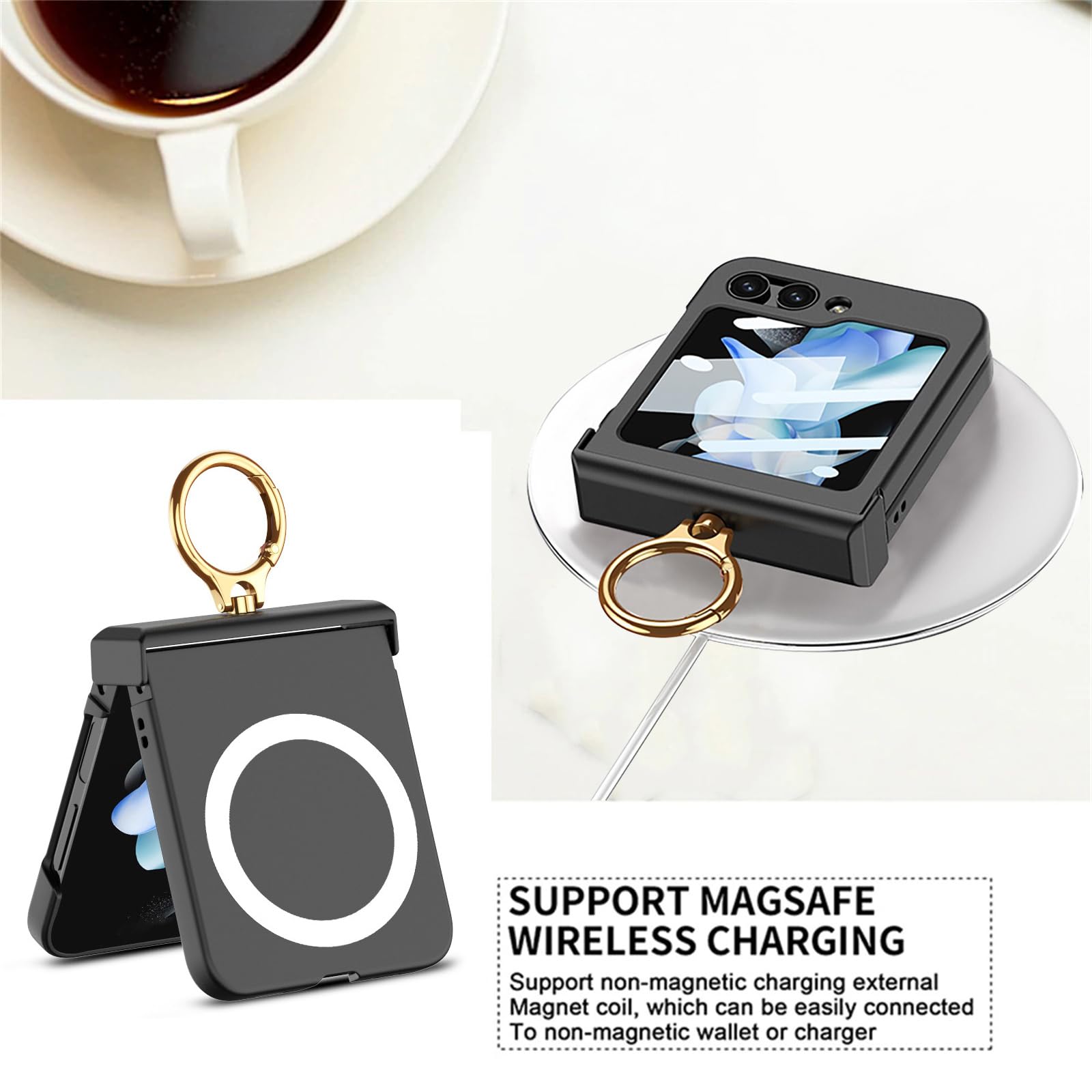 Coque pour Samsung Galaxy Z Flip 5, Compatible avec MagSafe Charnière Protection Full Body Slim Fit Hard PC Matte Anti-Ddrop Case avec Ring Holder Camera Film de Protection