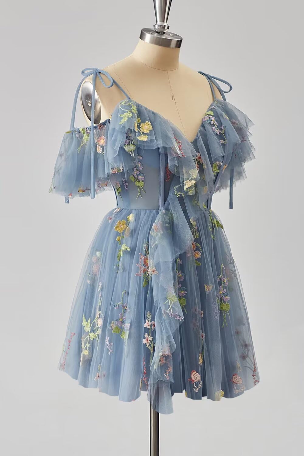 Bedlover Flower Embroidery Tulle Homecoming Dresses Cold Shoulder Short Prom Cocktail Party Gowns for Teens