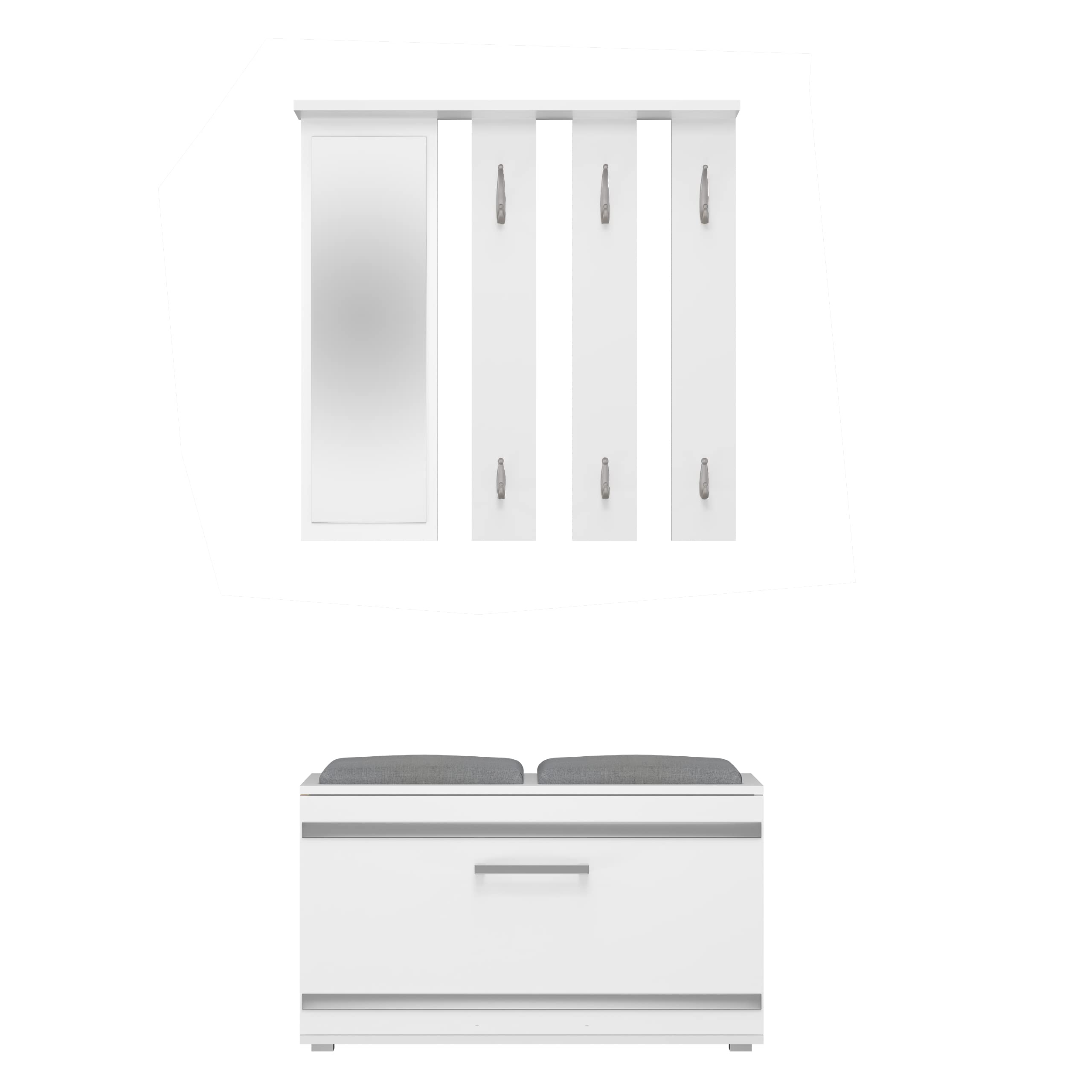 CDF Garderoben Set Wandgarderobe Mit Spiegel Schuhschrank Sitzbank 6 Haken 4 Fächer Für Schmale Flur Diele Weiß 85 x 35 x 180 cm Komplettset mit Spiegel und Sitzbank