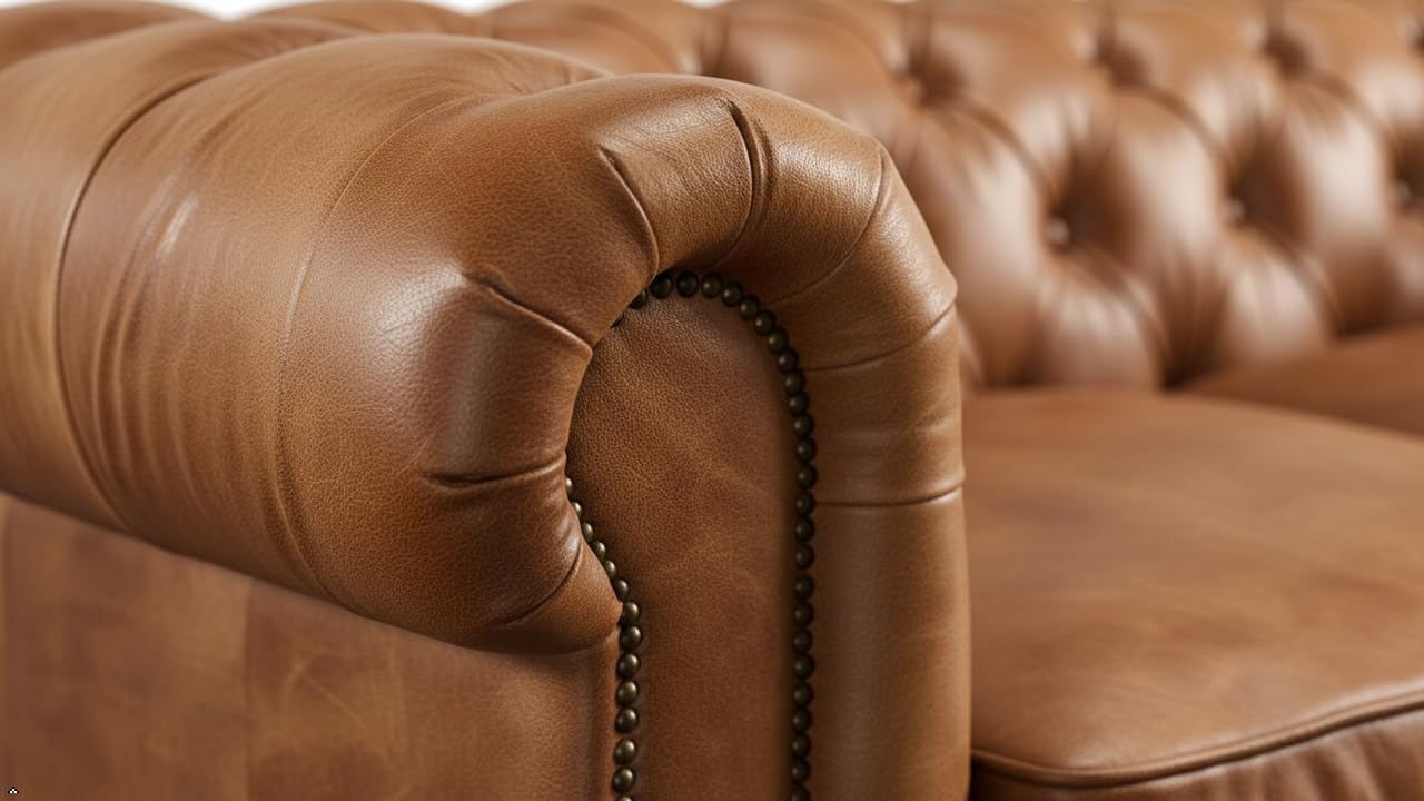 Pemberly Row Top Grain Leather Fully Assembled Chesterfield 118" Leather Sofa in Light Chestnut, Extra-Large Living Room Seating, Upholstered Leather Sofa for Residential or Commercial Use