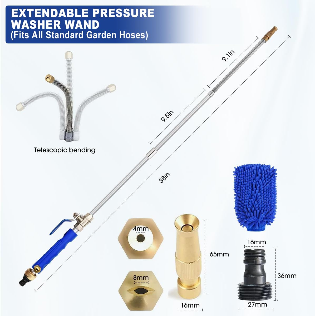 Yiliaw Arandela hidráulica extensible de alta presión con manguera de agua de 38 pulgadas con boquilla, pulverizador de riego automático, rociador flexible de jardín para canalón, patio, coche,