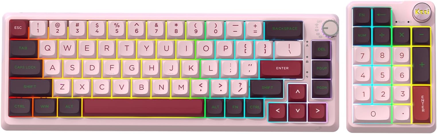 kzzi K68 Pro 65% Wireless Gasket Mechanical Keyboard Triple Mode BT 5.0/2.4G/USB-C 67 Keys Hot Swappable Gaming Keyboard Knob & Power Display (Purple-White, Eternity Tactile Switch)