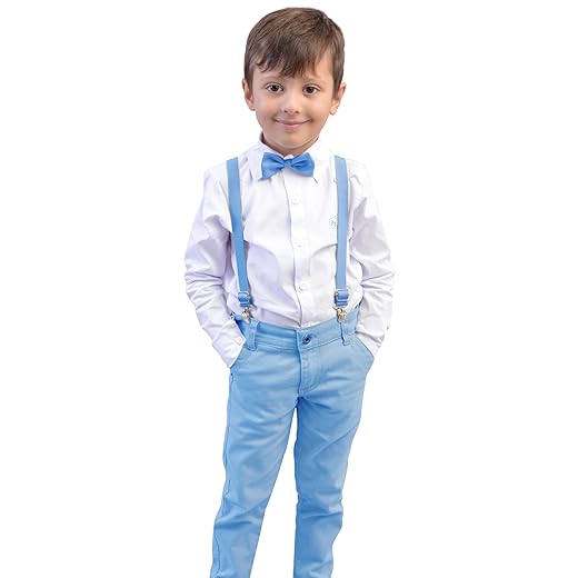 Conjunto Social Infantil Azul-Bebê Camisa Manga Longa Calça Bolso Faca e Suspensório e Gravata Borboleta
