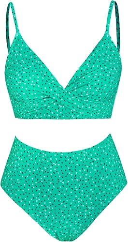 Miniatura 3 de CUPSHE Conjunto de bikini de dos piezas para mujer, traje de baño de cintura alta, cuello en V, nudo frontal, tirantes delgados ajustables