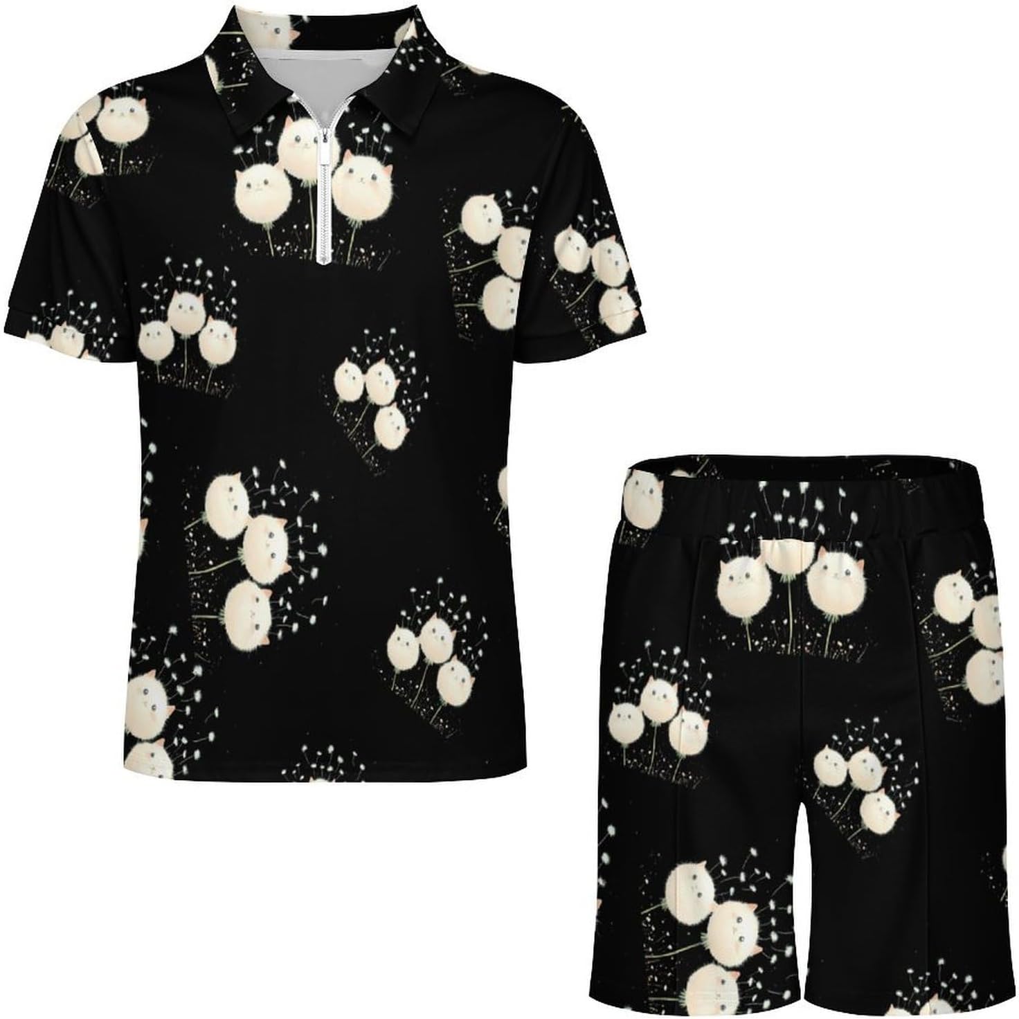 Cute Cat Dandelion Mens Polo Shirts Track Suits 2 Piece Short Sleeve Sweatsuit 1/4 Zip Golf Loungewear for Sports