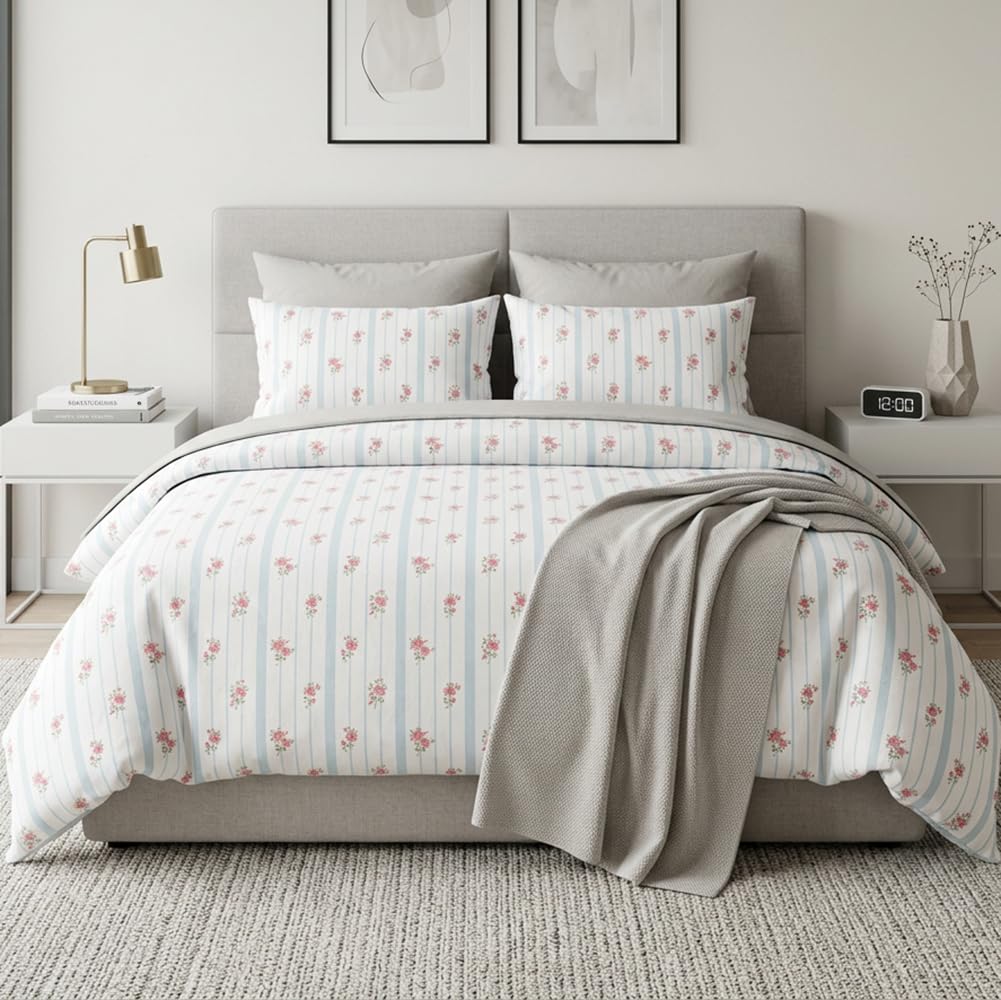 Michorinee Floral Double Duvet Cover Set Blue and White Striped Bedding Set with Zipper Closure 3pcs Microfiber Quilt Cover 200 x 200 and 2 Pillow Cases 50 x 75 cm โ image 1