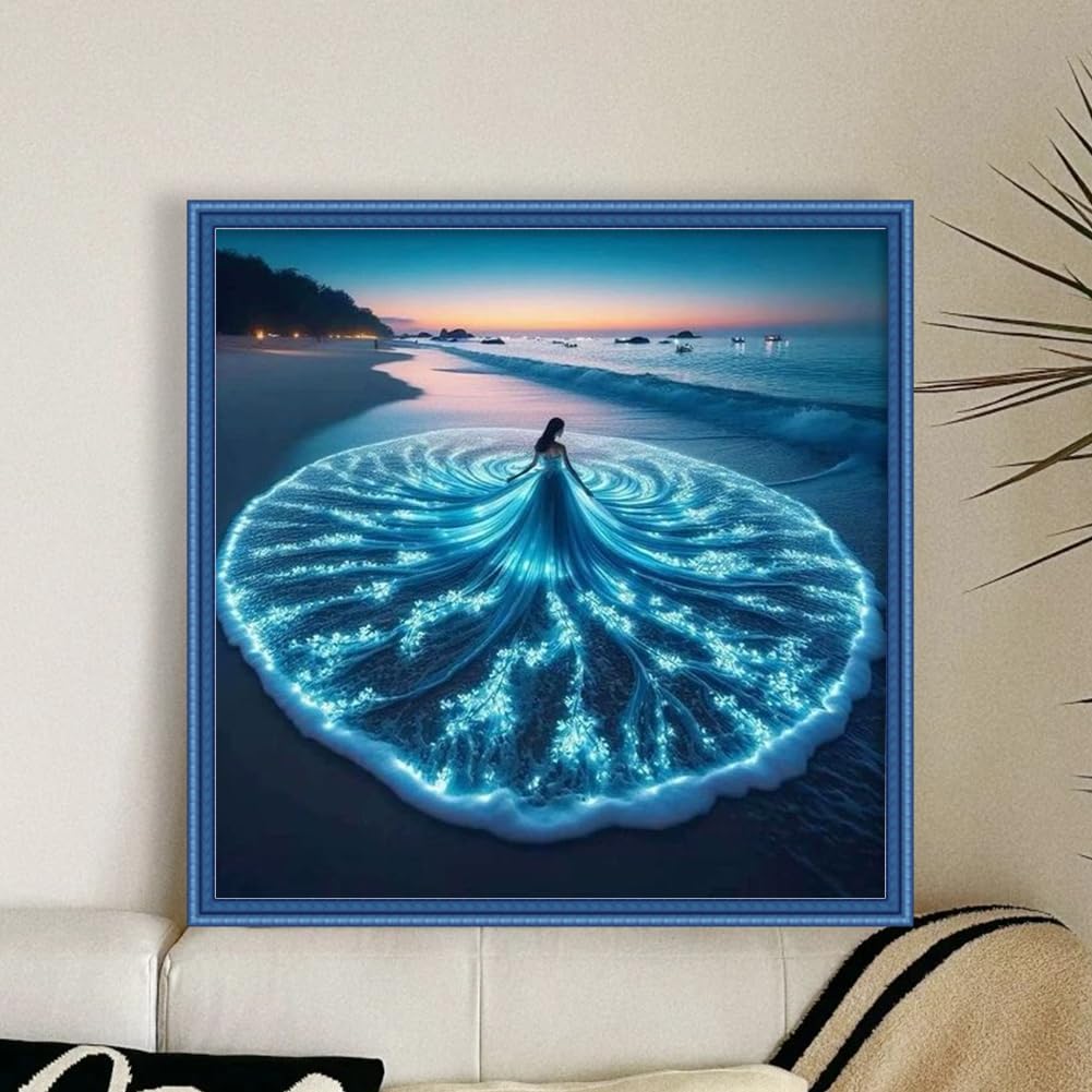 18CT DIY Beach Blue Dress Girl Counted Cotton Thread White Cross Stitch Kit 17.72x17.72in - 2 Strands Single Full Stitch 4cm White Edge DIY Embroidery Fabric Kit