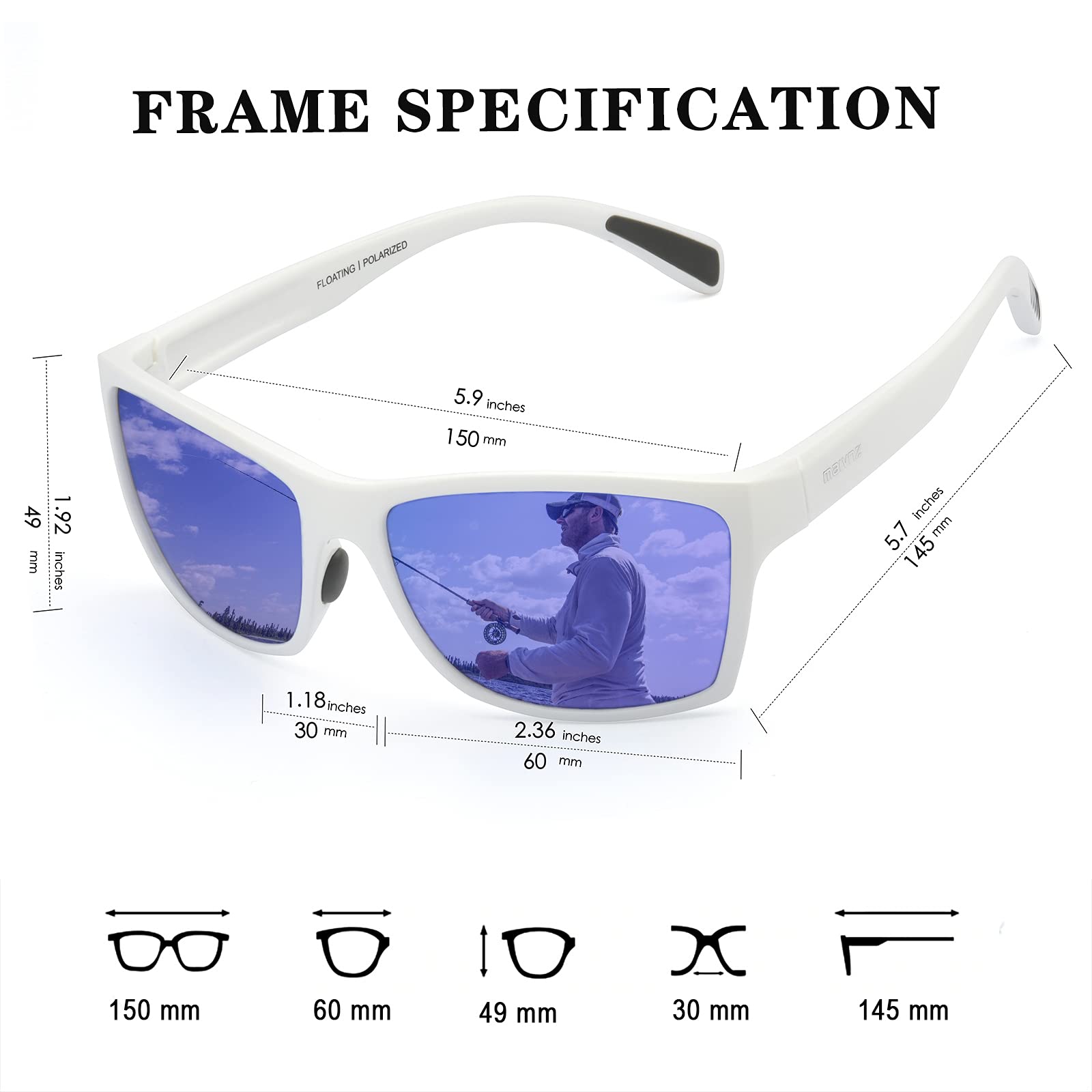 maivnz Occhiali da sole galleggianti polarizzati da pesca per uomo e donna, inaffondabili, UV400, occhiali sportivi per kayak, canottaggio e surf, Montatura Casual Bianca Lenti Revo Blu, conventional