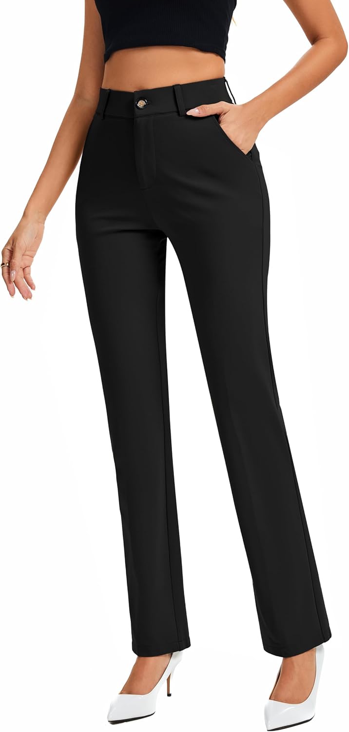 FUNYYZO Dress Pants Women's Stretchy Straight Leg Button Slacks Trousers with Pockets Casual Pants - Image 4