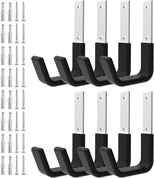 Heavy Duty Utility Hooks for Garage Storage, Wall Mount, 8 Pcs, Silver and Black, Steel Pvc, 50 Lbs Capacity, L-shape, Minimalist Style, Wall Mounted, 8 Count