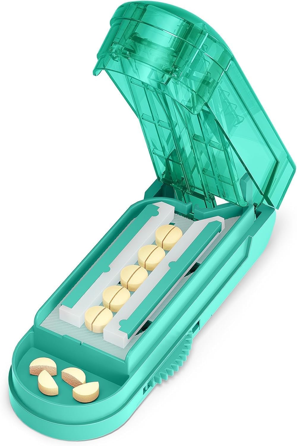 ONE PIX Multiple Pill Cutter Splitter for Small and Tiny Pills, Accurate 1/2 Tablet Splitter with Adjustable Bars &amp; Hidden Blade, Safely Cuts Large Medication for Seniors &amp; Pets (Cyan)