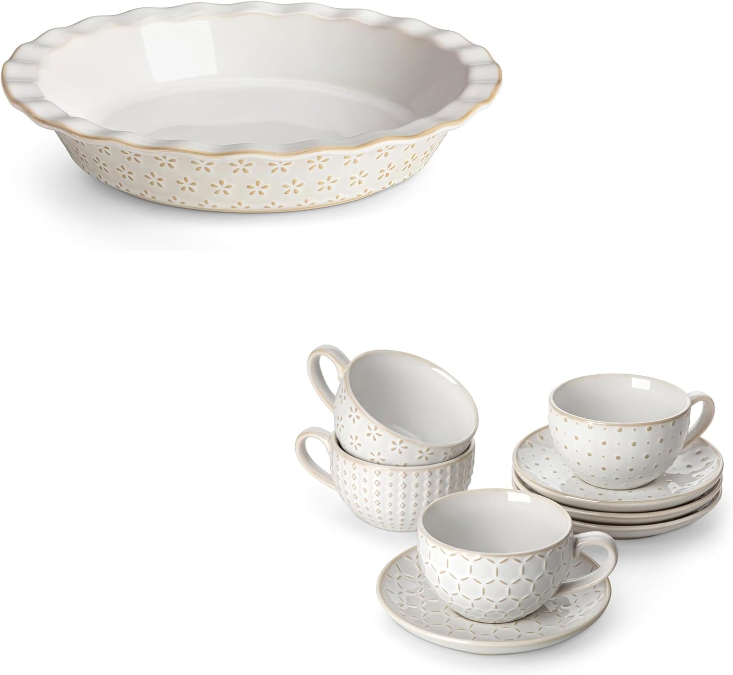 MALACASA Pie Pan, Stoneware Pie Dish for Baking Bundles 8 OZ Cappuccino Cups with Saucers Set of 4