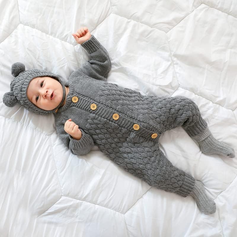 LAWKUL Baby Outfit Cotton Knit Newborn Infant Romper Knitted Longsleeve Sweater Clothes With Warm Hat Set Toddler Boy Girl - Image 5