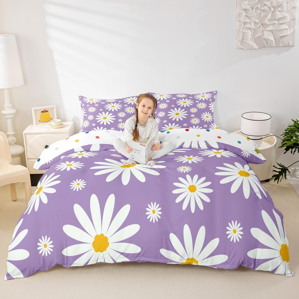 Erosebridal Kids Cartoon Flower Duvet Cover Twin for Kids Boys Girls,Purple White Daisy Comforter Cover,Groovy Floral Bedding Set,Wildlife Bed Set with 1 Pillowcase Bedroom Decor
