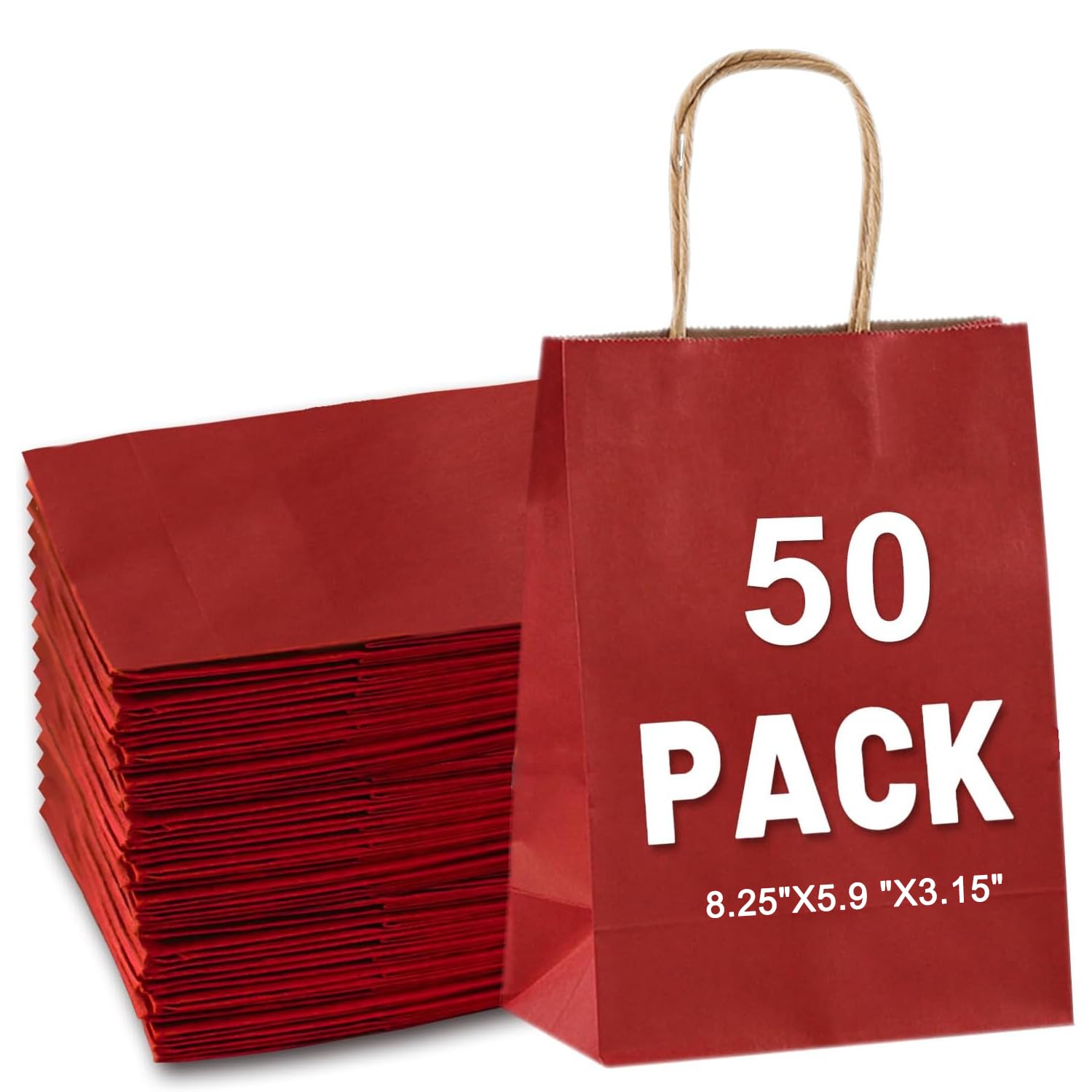 Gift Bags 8.25"x5.9 "x3.15" 50Pcs Paper Bags with Handles,kraft paper Bags for Small Business Christmas Bulk, Wedding, Party Favor, Shopping, Lunch,