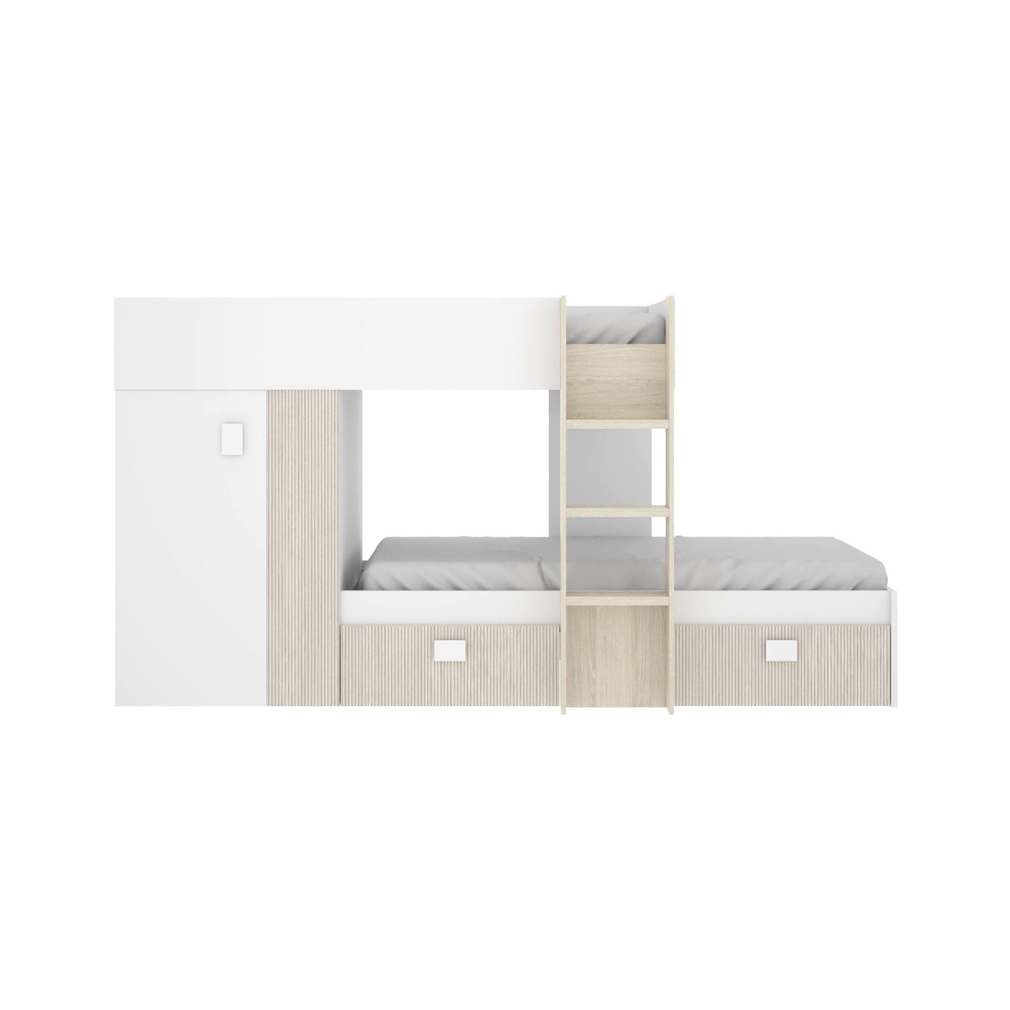 Dmora - Letto per bambini Cevedale, Cameretta completa con armadio e cassetti, Composizione letto a castello con due lettini singoli, 271x111h150 cm, Bianco e Rovere
