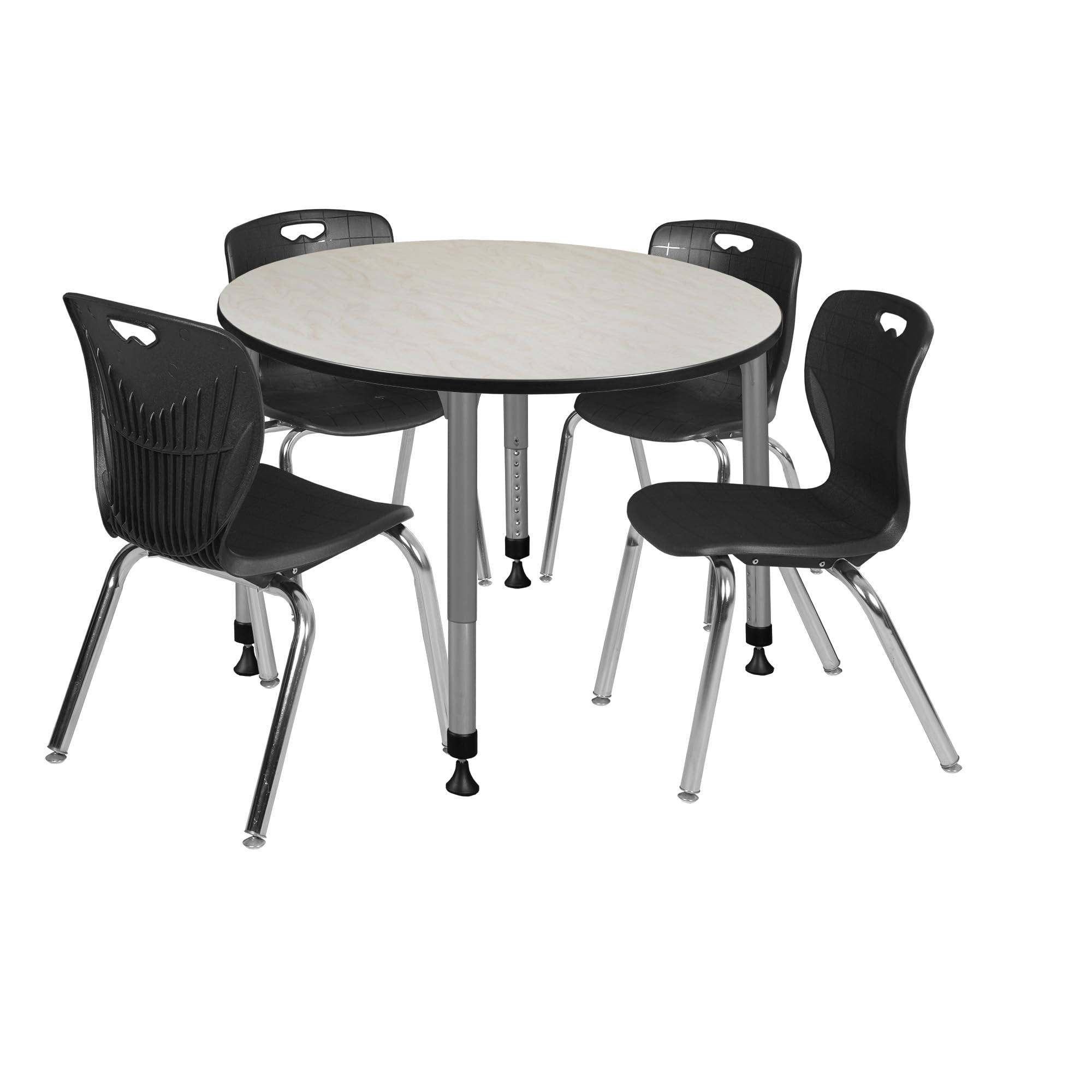 Romig Kee Round Classroom Activity Table & Chairs Height adjustable1, 48 x 48, Black|Chrome|Grey|Maple