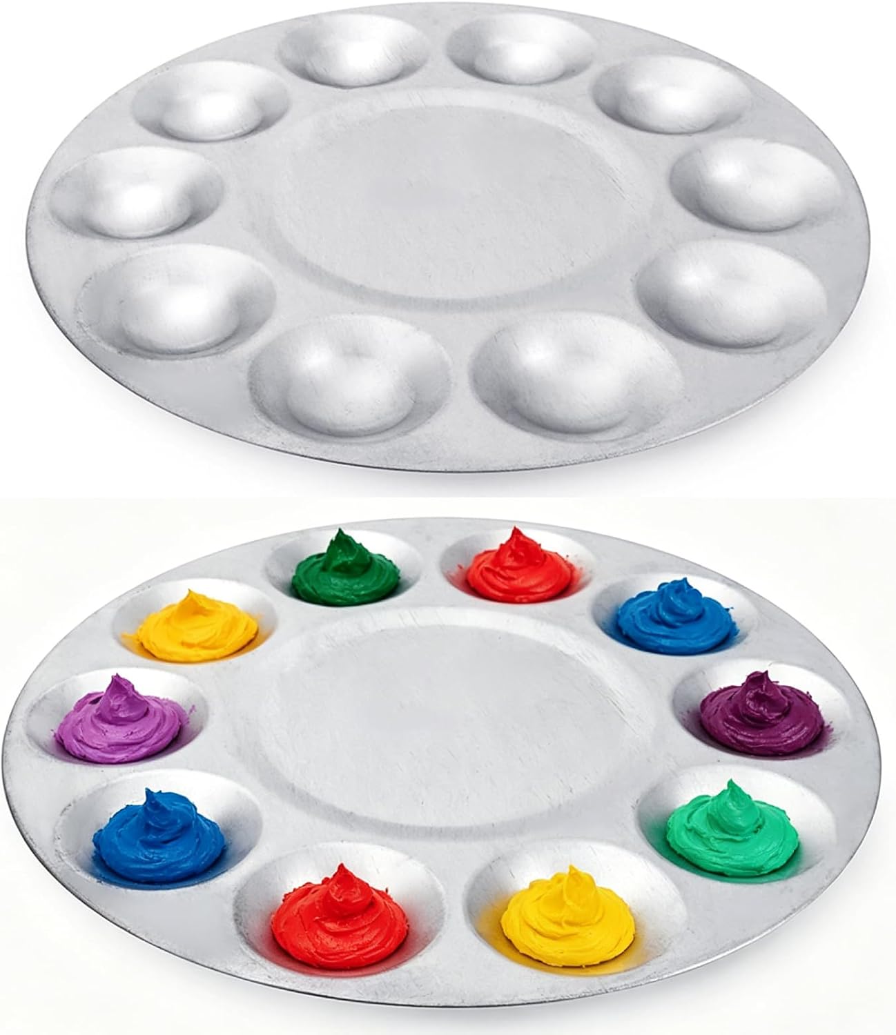 Paint Mixing Palette Tray, 2pcs 18.7cm 10-Well Aluminium Watercolor Mixing Palette Small Round Metal Oil Painting Tray Artist Paint Holder